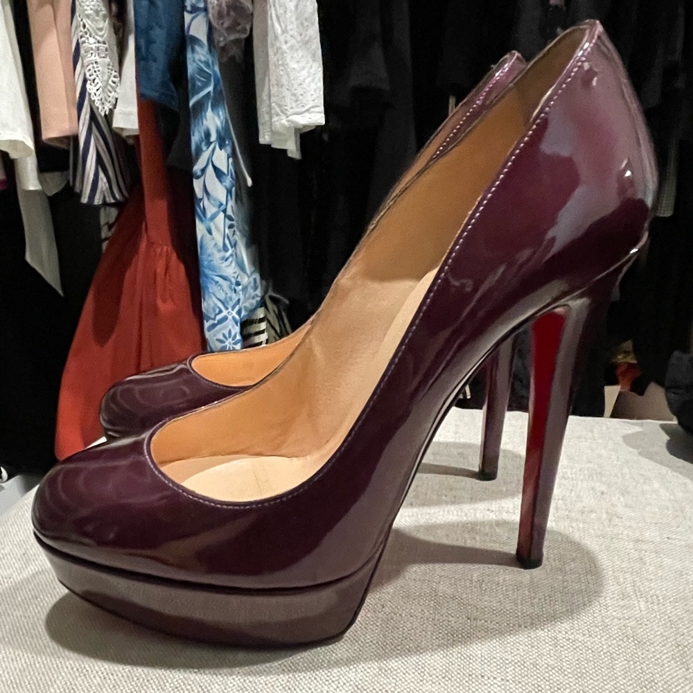 Christian Louboutin dark plum patent leather platform heels